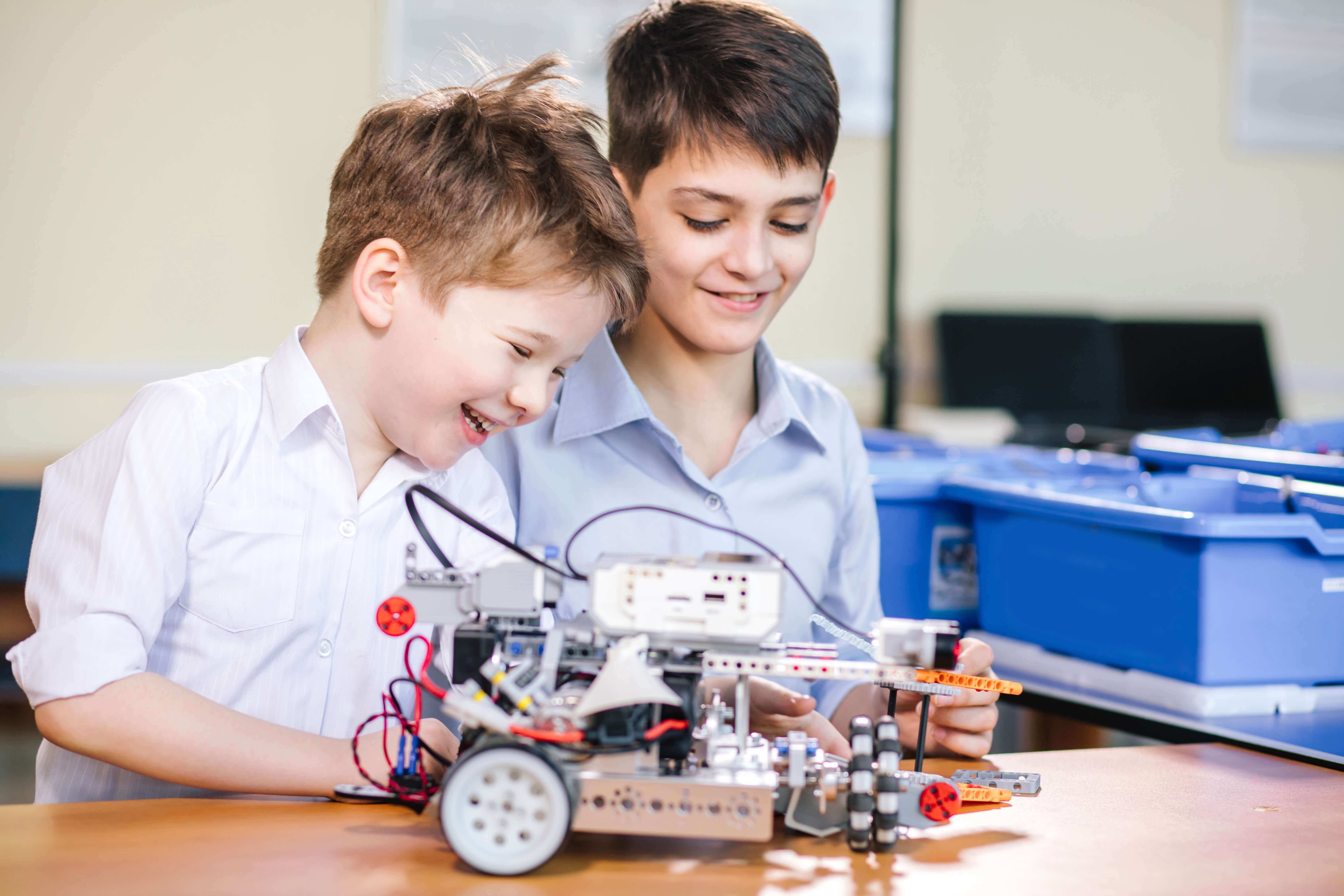 Students working on robotics project